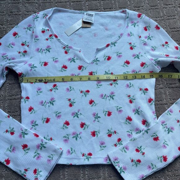 Pink Victorias Secret Thermal Notch Long Sleeve Tee Women's L Floral White NWT - Picture 6 of 8